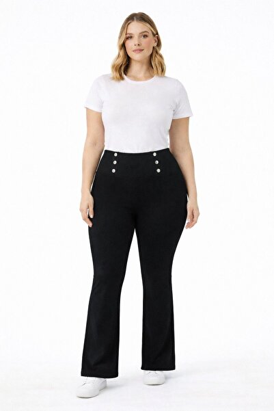 MİRA BUTİK Curve Plus Size Spanish Leg High Waist Gathering Black Leggings Pa...