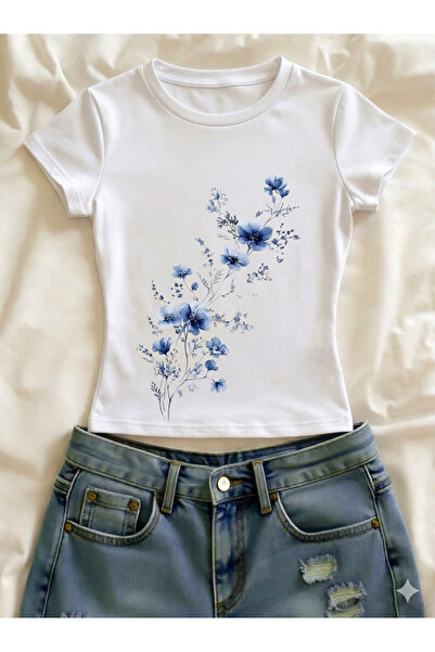 Vordevia Floral Printed Lycra Slim Fit Short Sleeve Crew Neck Tee Crop