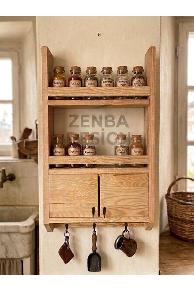 Zenba Design Ahşap Terek Geniş Kapak Bardak Baharatlık Düzenleyici Raf