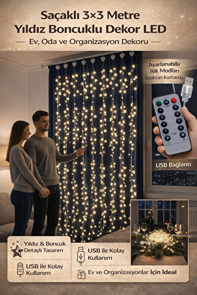 Hane Dostu Saçaklı 3x3 Metre Yıldız Boncuklu LED Perde Işık – USB Bağlantılı,...
