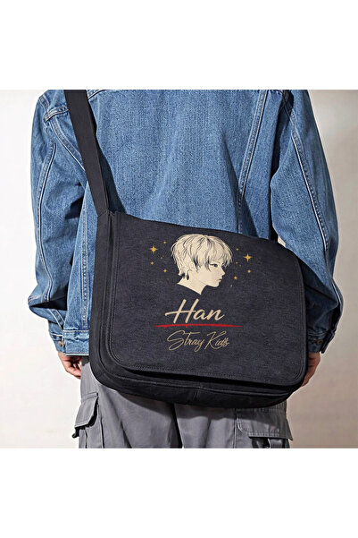 Toum Straykids han character printed black messenger bag