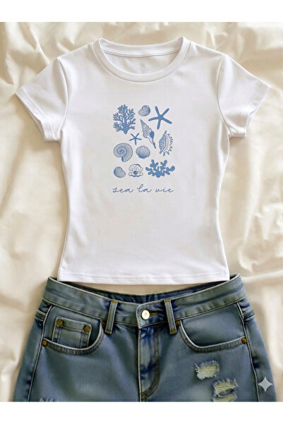 Vordevia Printed Lycra Slim Fit Short Sleeve Crew Neck Tee Crop