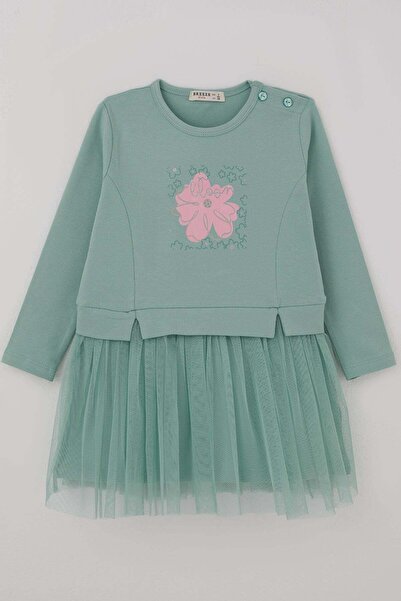 Breeze Girl's Long Sleeve Dress with Floral Print and Tulle, Ages 2-6, Aqua G...