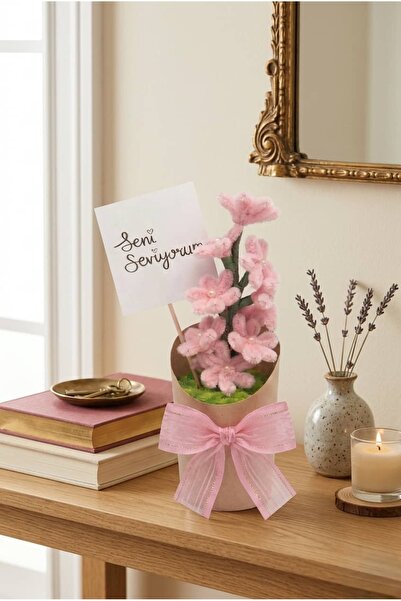 Bee Flower Shop Şönil Çiçek Pembe - Kraft Saksı