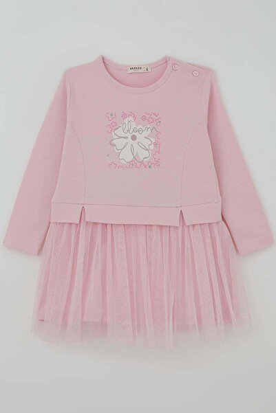 Breeze Girls' Long Sleeve Dress with Floral Print and Tulle, 2-6 Years, Pink