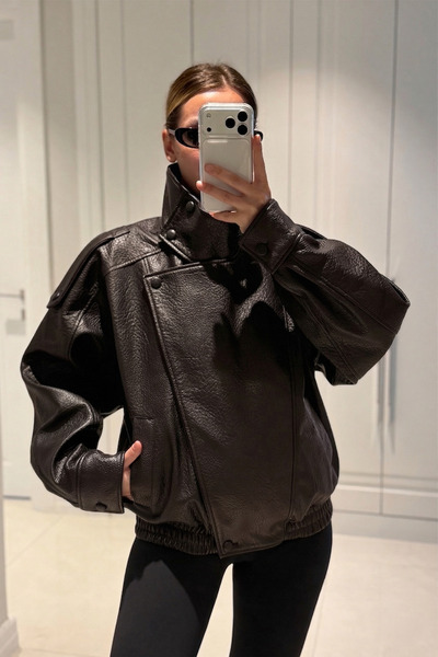 MANMARK Viral Oversize Women's Leather Jacket High Collar Light Brown Urban S...