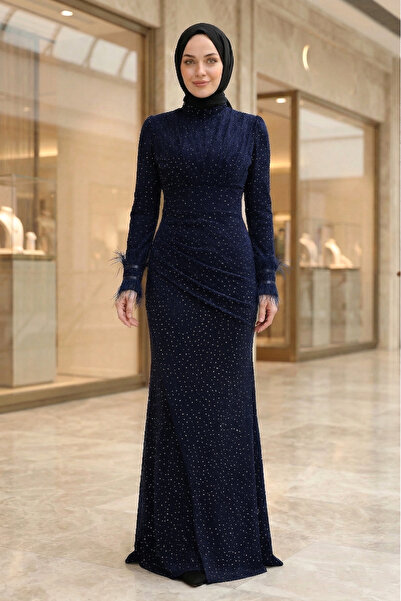 FERHEL Women's Feather Detailed Stoned Evening Dress - Navy Blue
