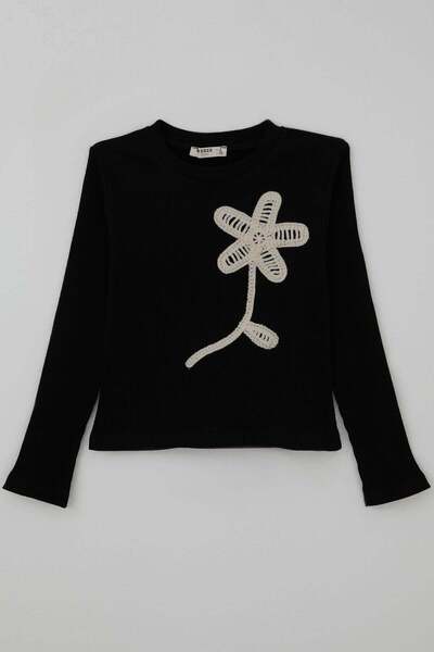 Breeze Girls' Long Sleeve T-Shirt with Knitted Floral Appliqué, Ages 6-12, Black