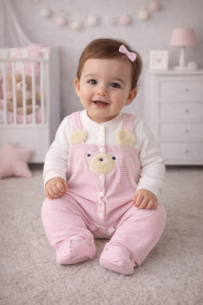My Babies Label Cute Teddy Bear Detailed Plaid Patterned Jumpsuit – 100% Cotton