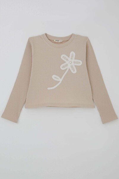 Breeze Girl's Long Sleeve T-Shirt with Knitted Floral Appliqué, Ages 6-12, Beige