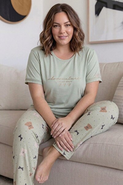 Pijamaevi Green Nature Patterned Large Size Oversized Bamboo Short Sleeve Wom...