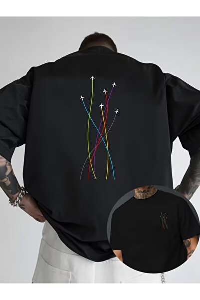 JENOLAN Men's Back Jet Airplane Printed Oversize T-Shirt Loose Fit