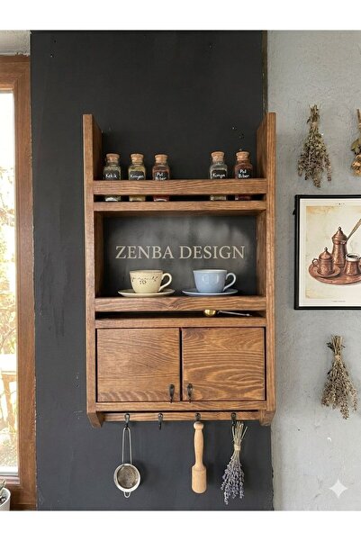 Zenba Design Ahşap Terek Geniş Kapak Bardak Baharatlık Düzenleyici Raf
