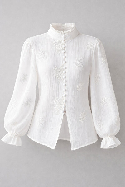 Julidress Premium Shirt with Stand Collar and Embroidery Detail on the Sleeves
