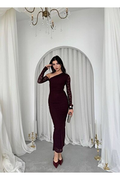 maf collection Women's Plum One-Shoulder Open Lace Detail Midi Evening Dress ...