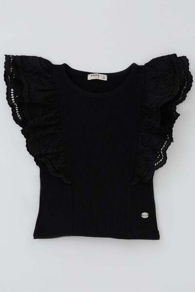 Breeze Girl's T-Shirt with Guipure Flower & Leaf Embroidery, Ages 6-12, Black