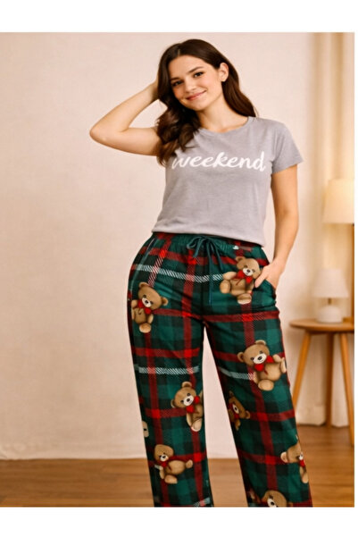 MİSS ADELLA Women's Bear Patterned Checkered Striped 4 Season Nightgown Relax...