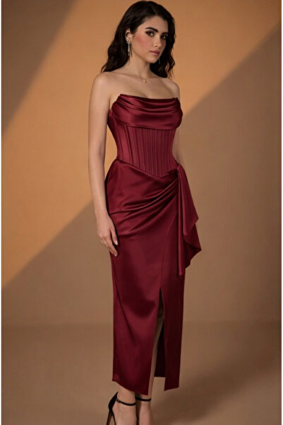 ALİN STRAPLEZ DRAPELİ KORSAJ VE BALEN DETAYLI YIRTMAÇLI ŞIK KOKTEYL VE PARTY ...