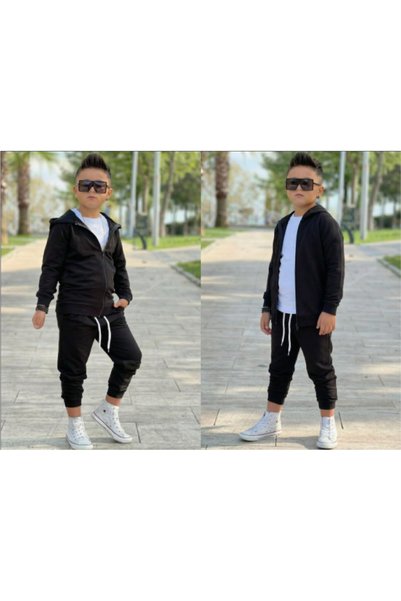 MAVİ BONCUKK Unisex Children's Hooded Zippered 3-Piece Set Black