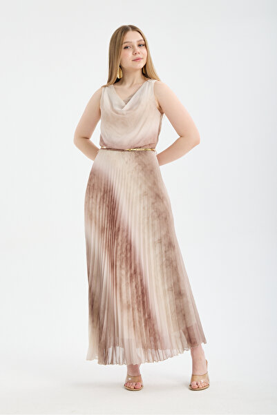 ŞEYDA ERTEM Mink Color Brushed Patterned Pleated Dress