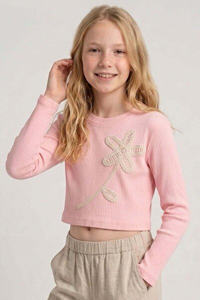 Breeze Girls' Long Sleeve T-Shirt with Knitted Floral Appliqué, Ages 6-12, Pink