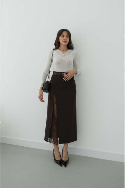 Havoş Коричнева спідниця з мереживним розрізом