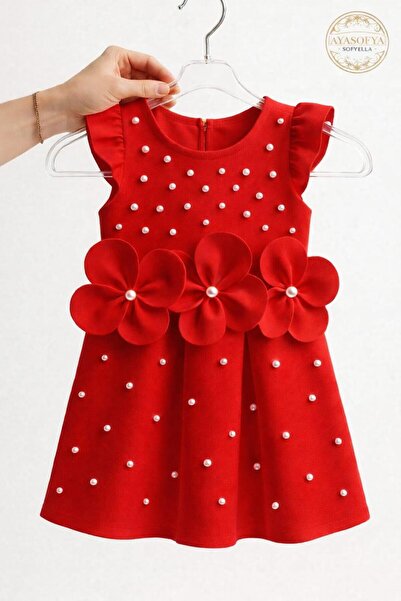 SOFYELLA Φόρεμα για κορίτσια 23 Απριλίου με κόκκινα λουλούδια και πέρλες, ειδ...