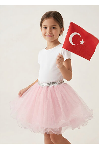 İnce Bebe Kız Çocuk Pembe Simli Kabarık Tütü Abiye Etek 6-10 Yaş
