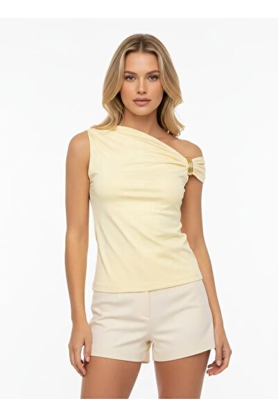 Park Karon Women's Boat Neck Gathered Detail Buckle Slim Fit Modal Blouse 26002