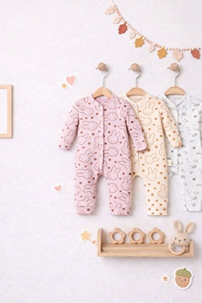 Roza Kiz Bebek Baskili Pamuklu Mansetli lü Tulum Renkli Desenli 3 6 9 Ay Yeni...