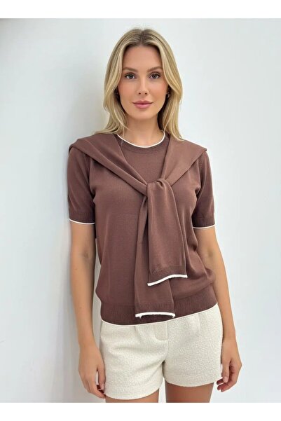 Park Karon Women's Crew Neck Scarf Viscose Knitwear Sweater 12474.Vrt