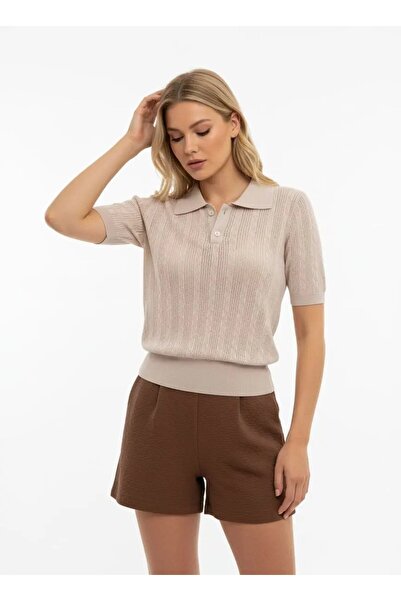 Park Karon Women's Polo Collar Button Detail Openwork Rayon Yarn Knitwear Swe...