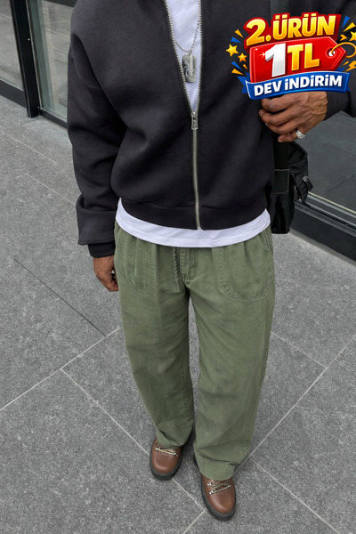 DAMGA JEANS Men's Summer Regular Loose-Leg Green Linen Trousers