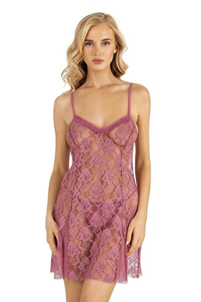 NOOALA GİYİM Floral Lace Detailed Transparent Mini Nightgown