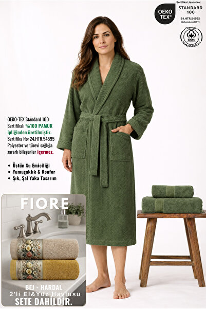 Ellaline طقم روب حمام نسائي مخطط من 3 قطع 100% قطن معتمد + منشفة وجه يدوية من...