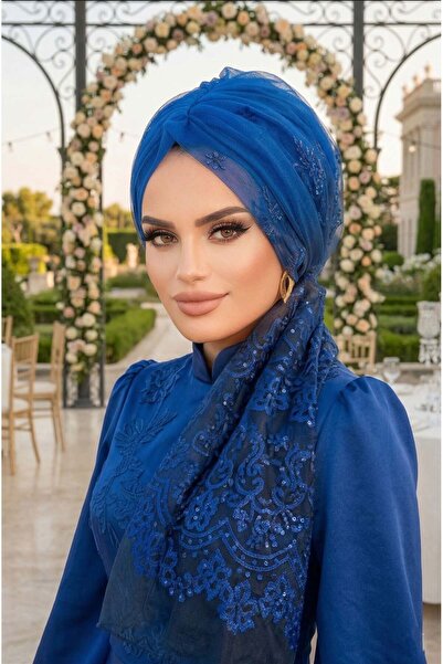 Aişe tesettür Blue Black Flocked Printed Tulle Evening Dress with Buckle Bonnet