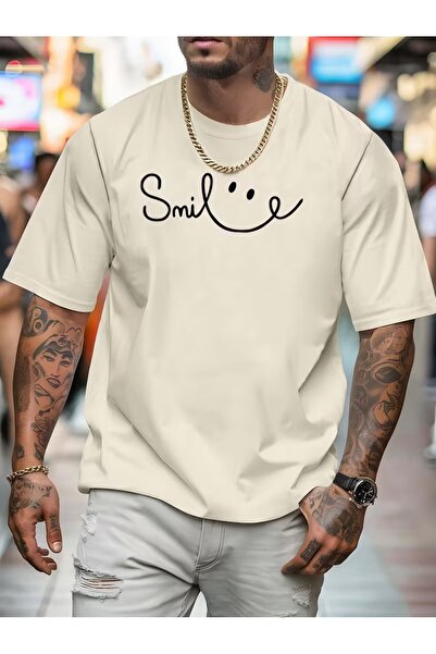 JENOLAN Ανδρικό μπλουζάκι με στάμπα Smile Oversize, Φαρδύ