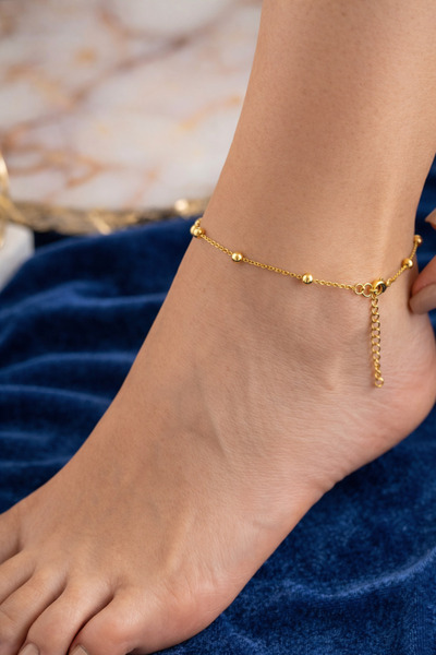POEM JEWELLERY 18 Ayar Altın ve Rodyum Kaplama Boncuk Detaylı İnce Zincir Aya...