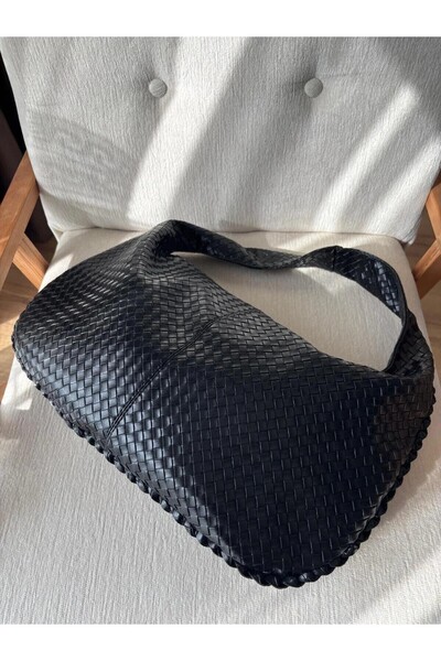 Beshora Maria Black Knitted Detail Large Size Women's Hand and Shoulder Bag