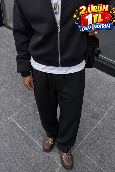 DAMGA JEANS Men's Summer Regular Loose-Leg Black Linen Trousers