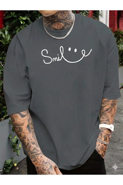 JENOLAN Men's Smile Printed Oversize T-Shirt Loose Fit