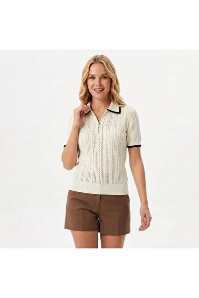 Park Karon Women's Polo Collar Zipper Detail Openwork Knitwear Sweater 12461