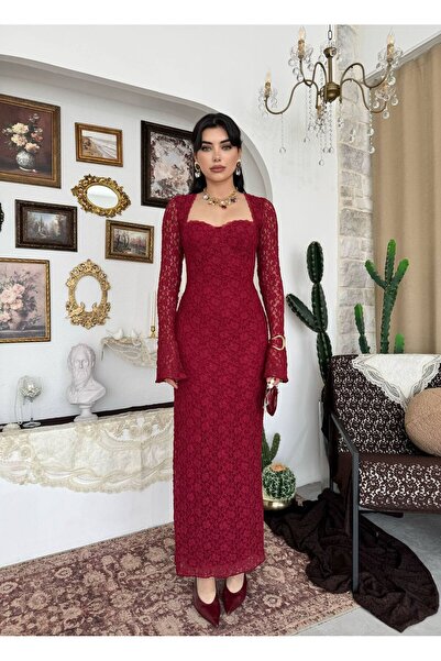 maf collection Women's Burgundy Lace Detail Spanish Sleeve Long Length Evenin...