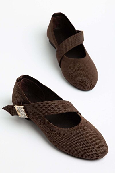 Dilimler Ayakkabı Large Size Knitwear Women's Ballerina Brown Thick Band Ston...