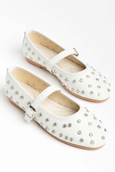 Dilimler Ayakkabı Women's Ballet Flats White Bretli Trok Stone Oval Shape