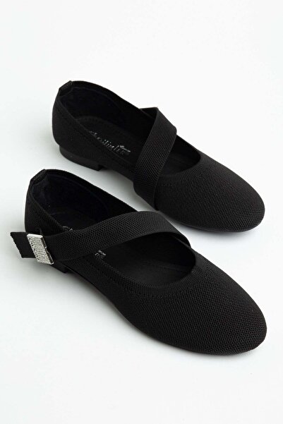 Dilimler Ayakkabı Büyük Beden Triko Kadın Babet Siyah Kalın Bant Taşlı Yuvarl...