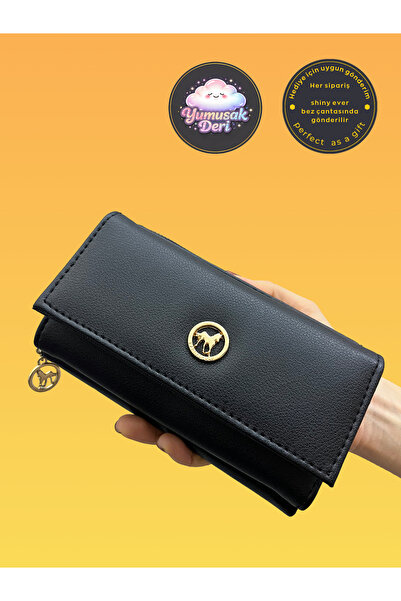 shiny ever Black Soft Leather Women's Wallet Handbag with Gold Detail