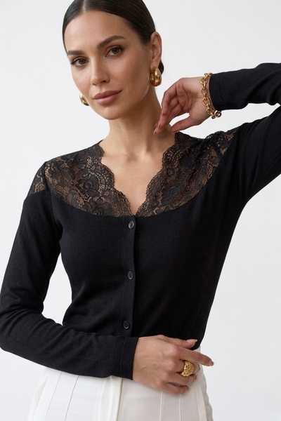 Cockatoo Lace Detailed V-Neck Buttoned Long Sleeve Women's Blouse Cardigan St...