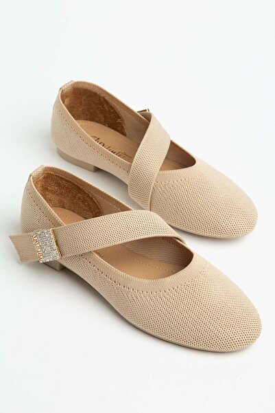Dilimler Ayakkabı Large Size Knitwear Women's Ballerina Beige Thick Band Ston...