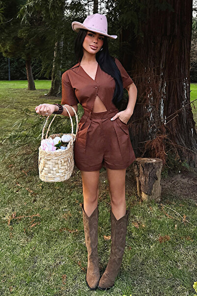 Eyyo Brown Ebony V-Neck Short Sleeve Jumpsuit Ate-4685